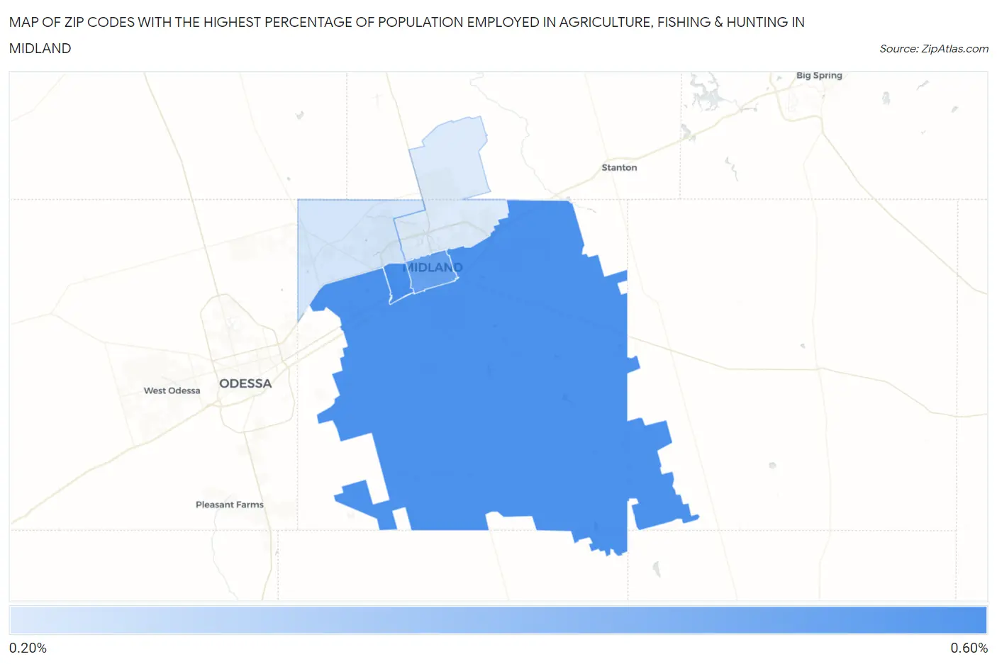 Zip Codes with the Highest Percentage of Population Employed in Agriculture, Fishing & Hunting in Midland Map
