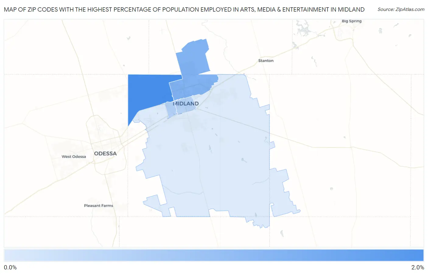 Zip Codes with the Highest Percentage of Population Employed in Arts, Media & Entertainment in Midland Map