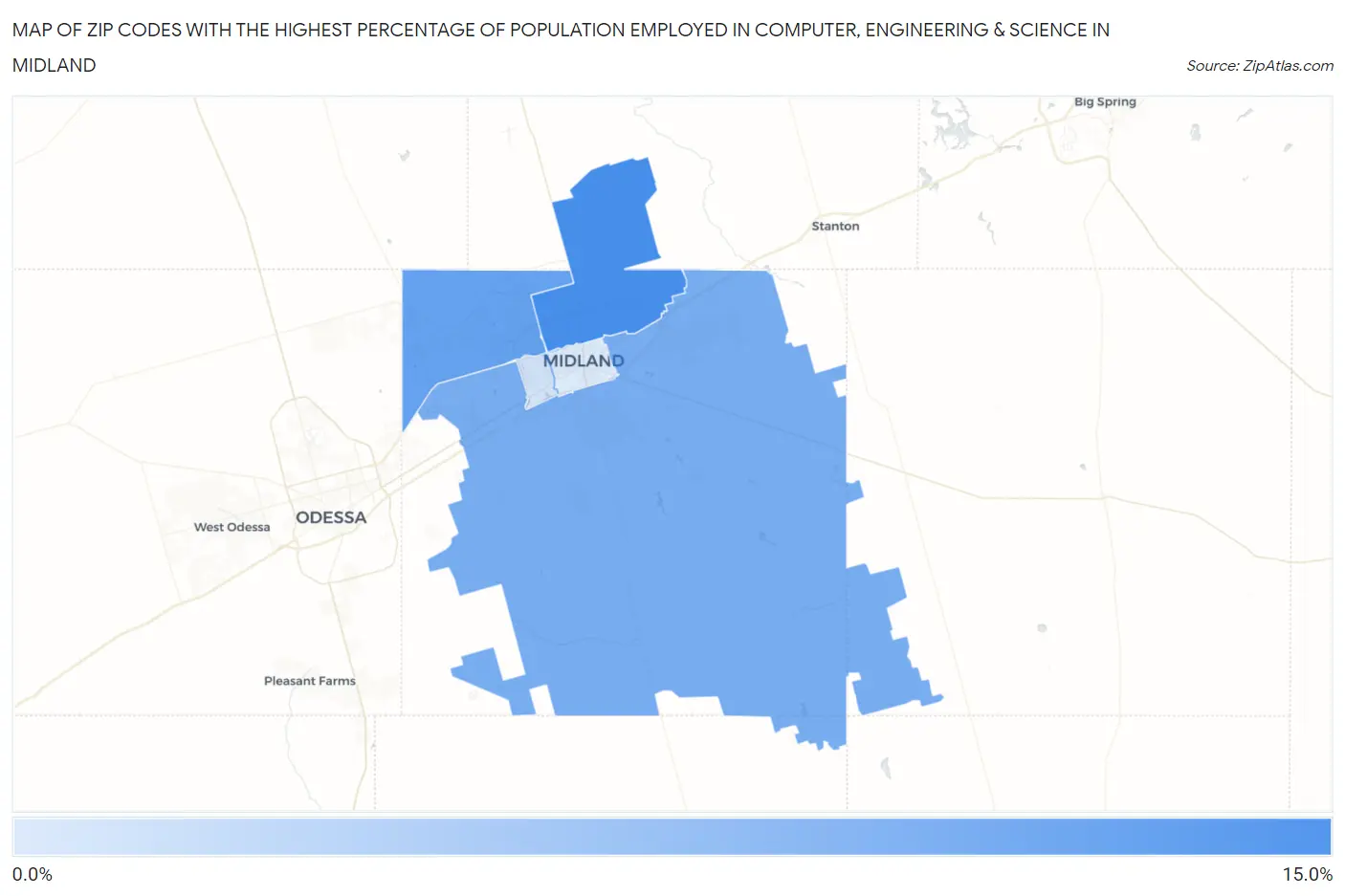 Zip Codes with the Highest Percentage of Population Employed in Computer, Engineering & Science in Midland Map