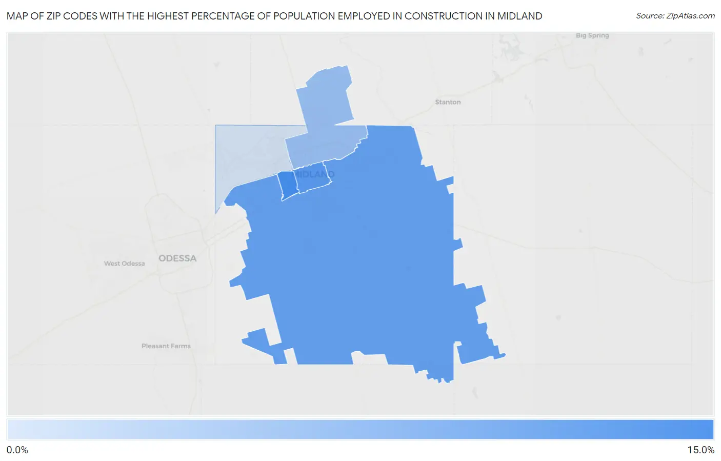 Zip Codes with the Highest Percentage of Population Employed in Construction in Midland Map