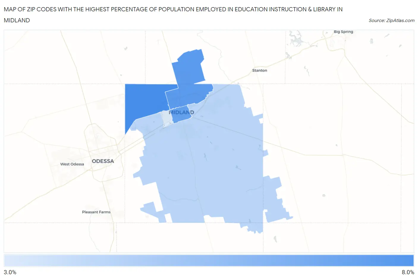 Zip Codes with the Highest Percentage of Population Employed in Education Instruction & Library in Midland Map