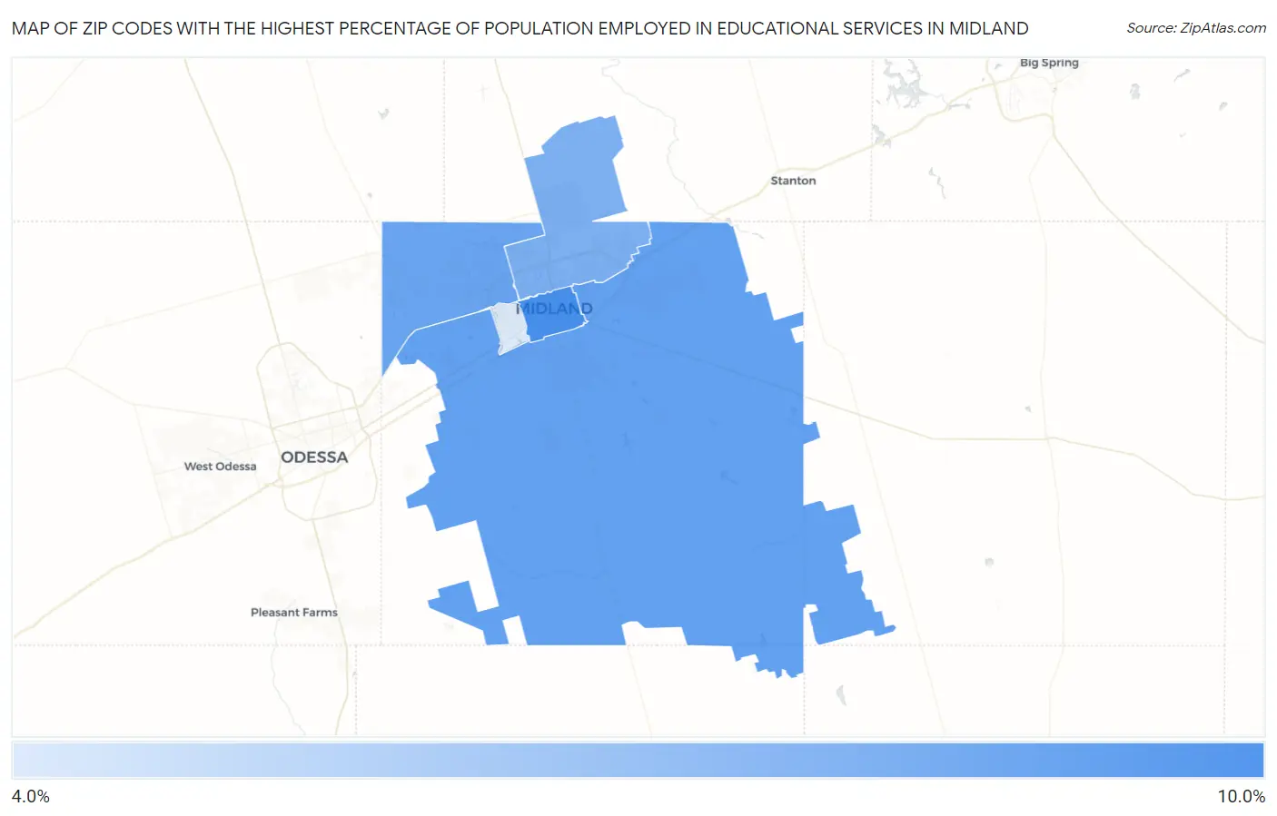 Zip Codes with the Highest Percentage of Population Employed in Educational Services in Midland Map