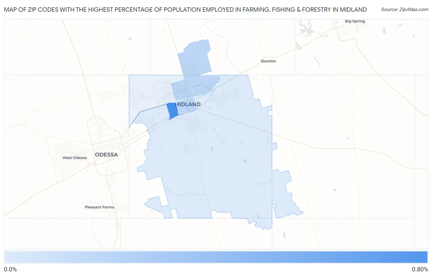 Zip Codes with the Highest Percentage of Population Employed in Farming, Fishing & Forestry in Midland Map