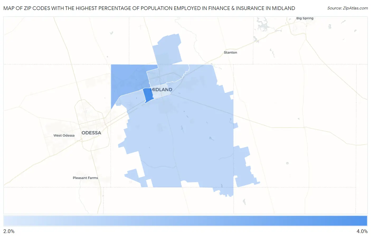 Zip Codes with the Highest Percentage of Population Employed in Finance & Insurance in Midland Map