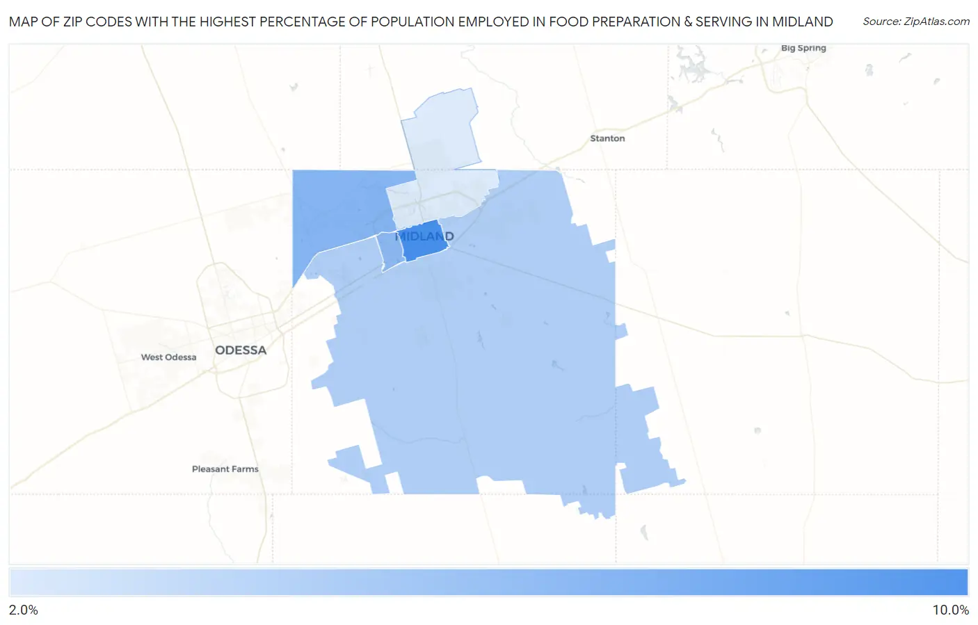 Zip Codes with the Highest Percentage of Population Employed in Food Preparation & Serving in Midland Map