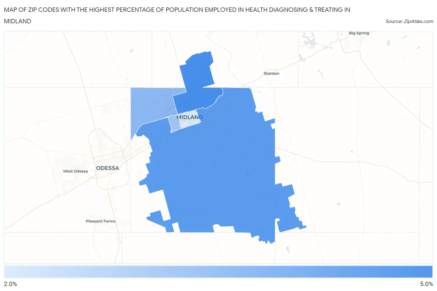 Zip Codes with the Highest Percentage of Population Employed in Health Diagnosing & Treating in Midland Map