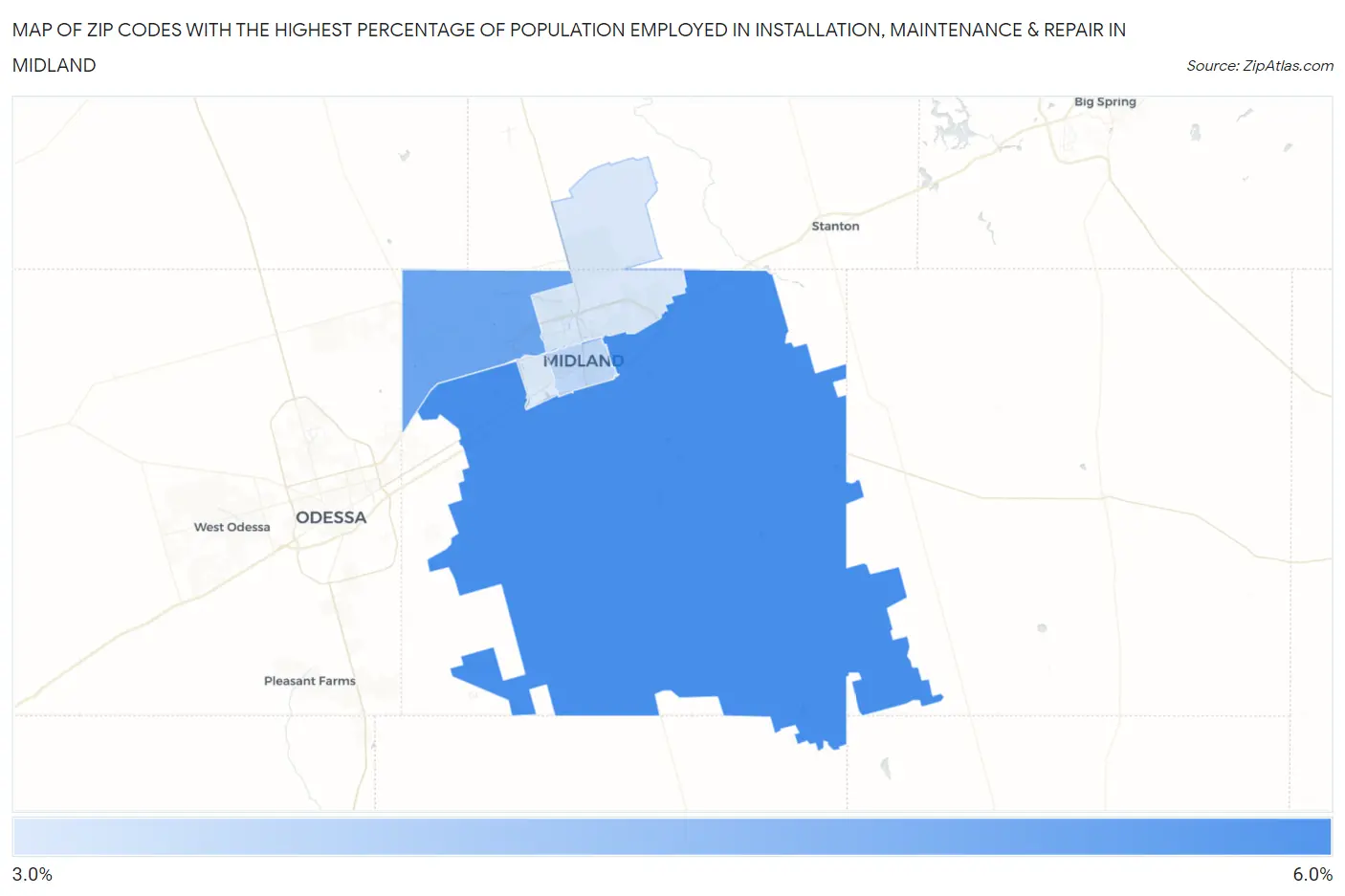 Zip Codes with the Highest Percentage of Population Employed in Installation, Maintenance & Repair in Midland Map