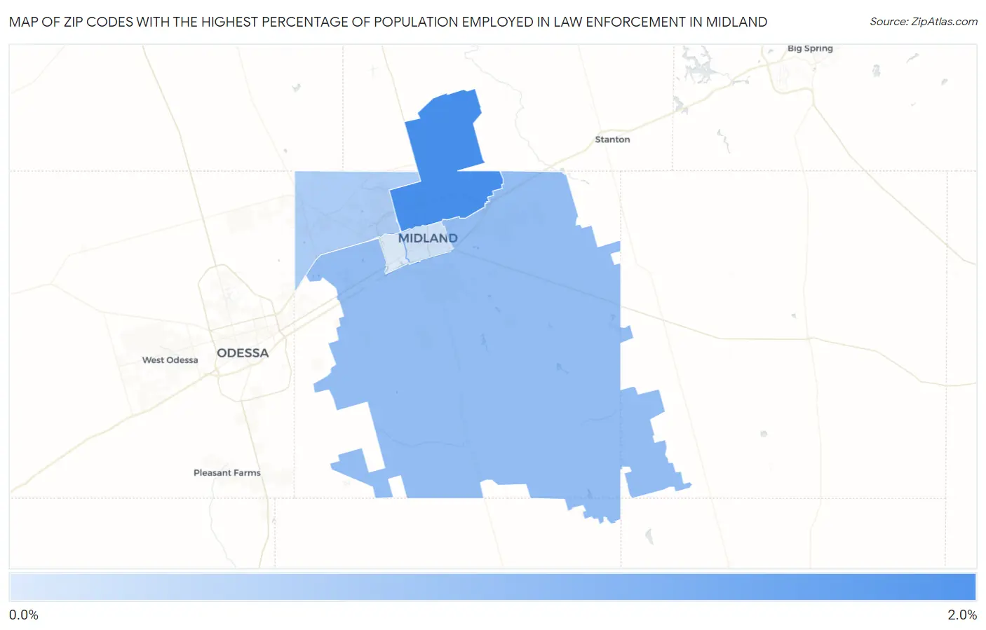 Zip Codes with the Highest Percentage of Population Employed in Law Enforcement in Midland Map