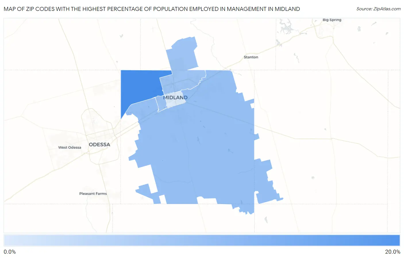 Zip Codes with the Highest Percentage of Population Employed in Management in Midland Map