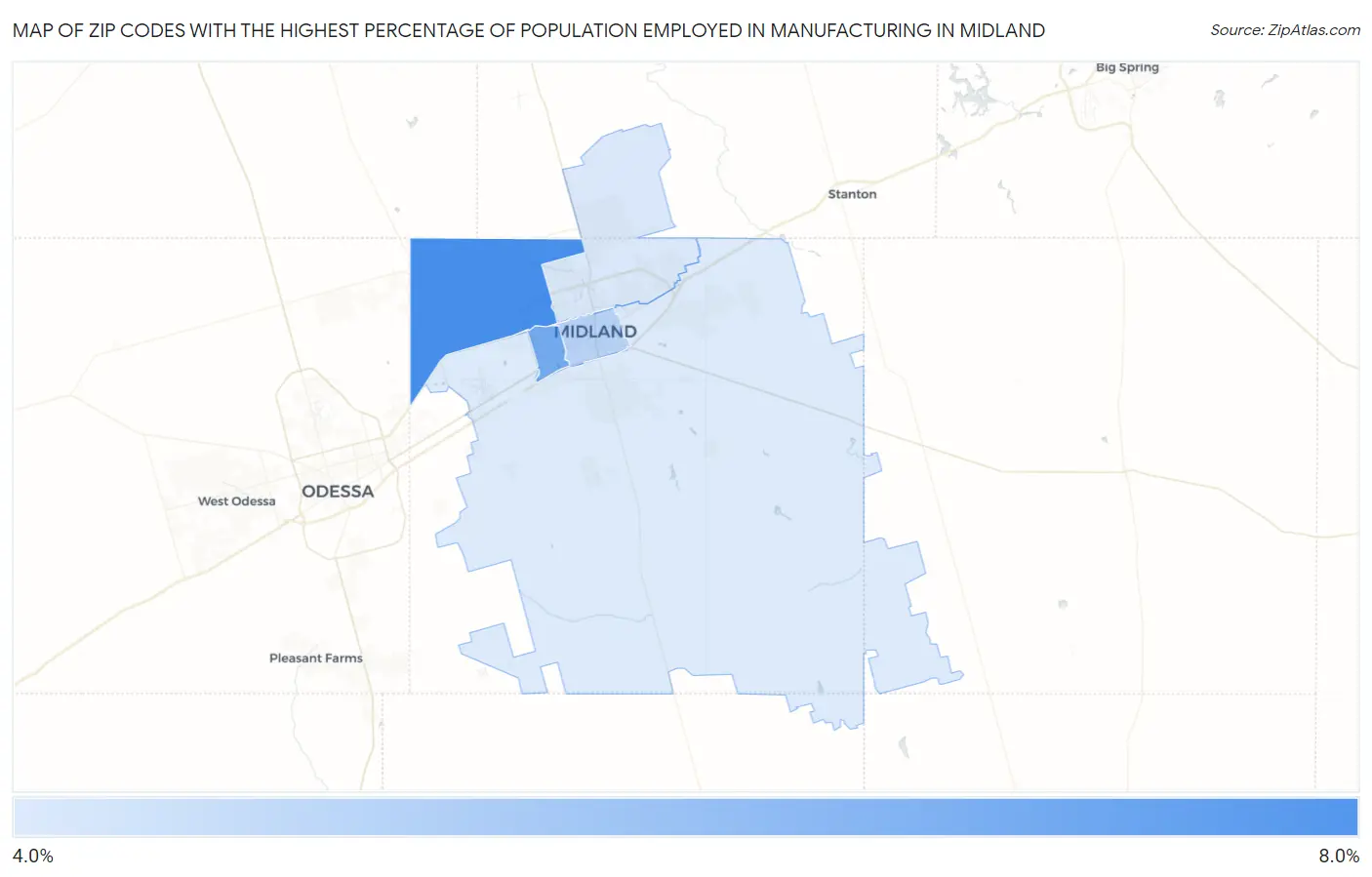 Zip Codes with the Highest Percentage of Population Employed in Manufacturing in Midland Map