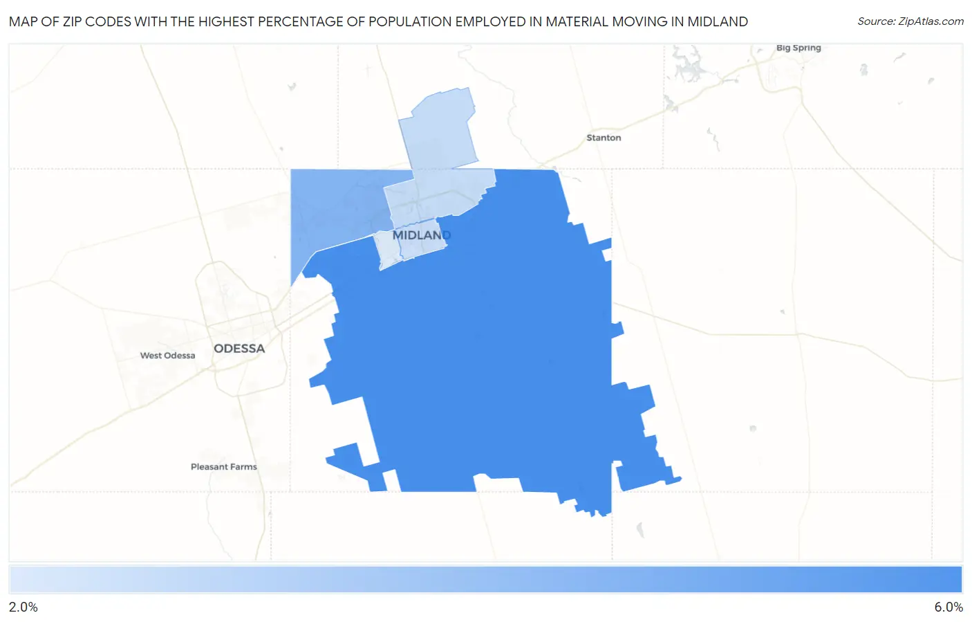 Zip Codes with the Highest Percentage of Population Employed in Material Moving in Midland Map