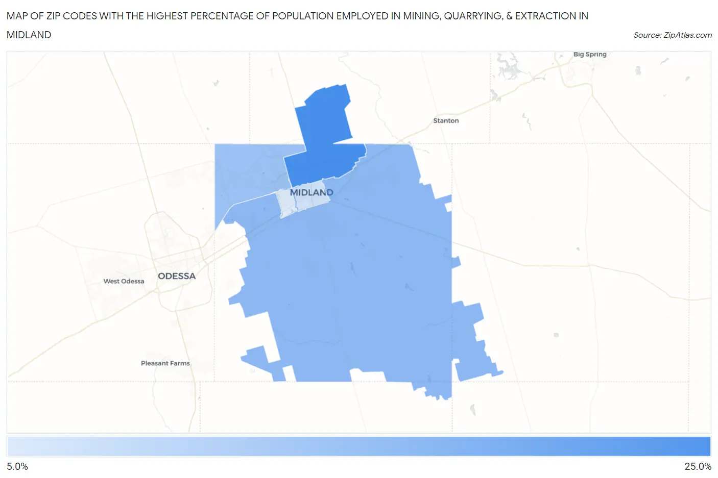 Zip Codes with the Highest Percentage of Population Employed in Mining, Quarrying, & Extraction in Midland Map