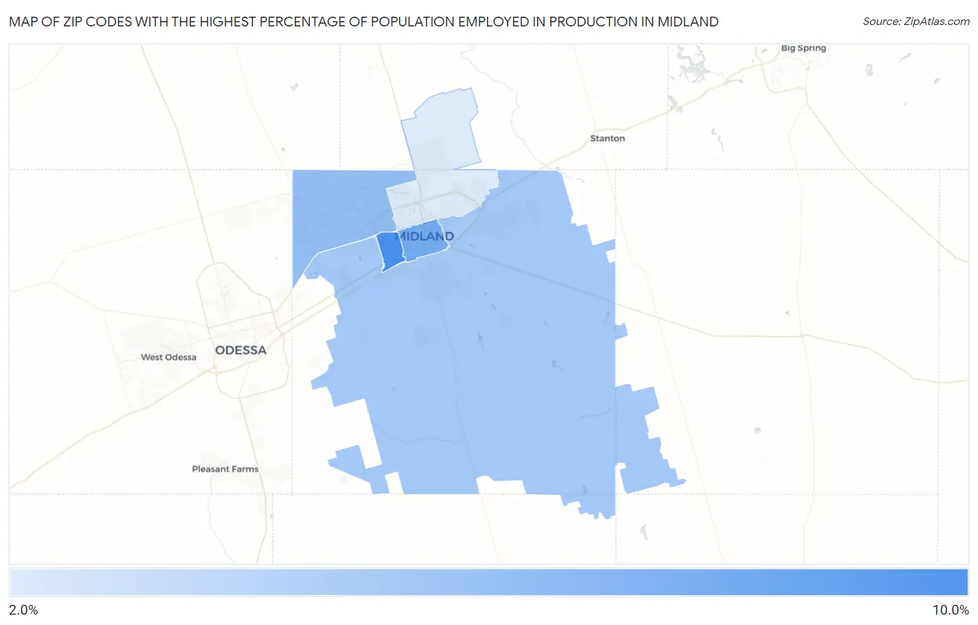 Zip Codes with the Highest Percentage of Population Employed in Production in Midland Map