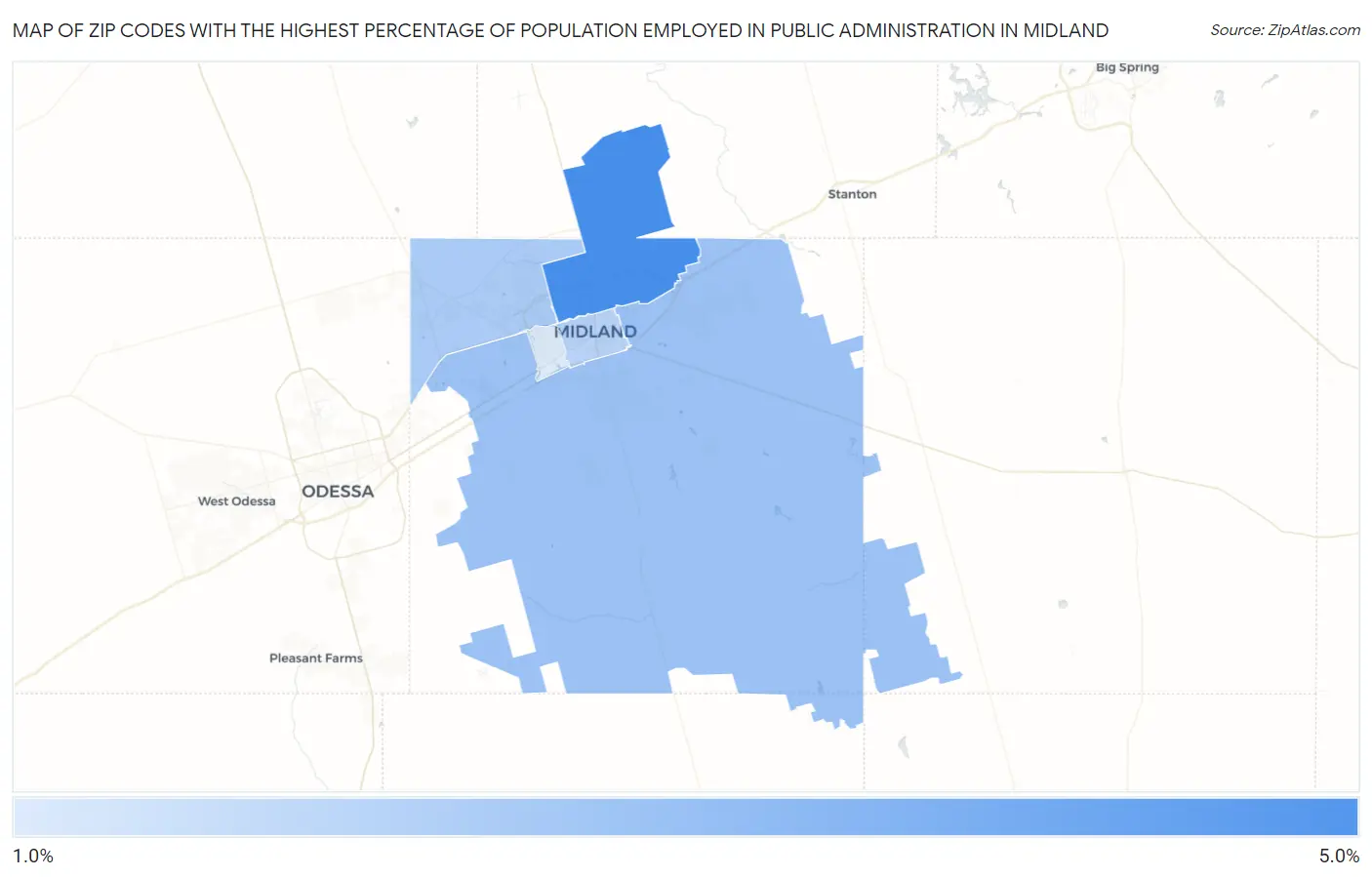 Zip Codes with the Highest Percentage of Population Employed in Public Administration in Midland Map
