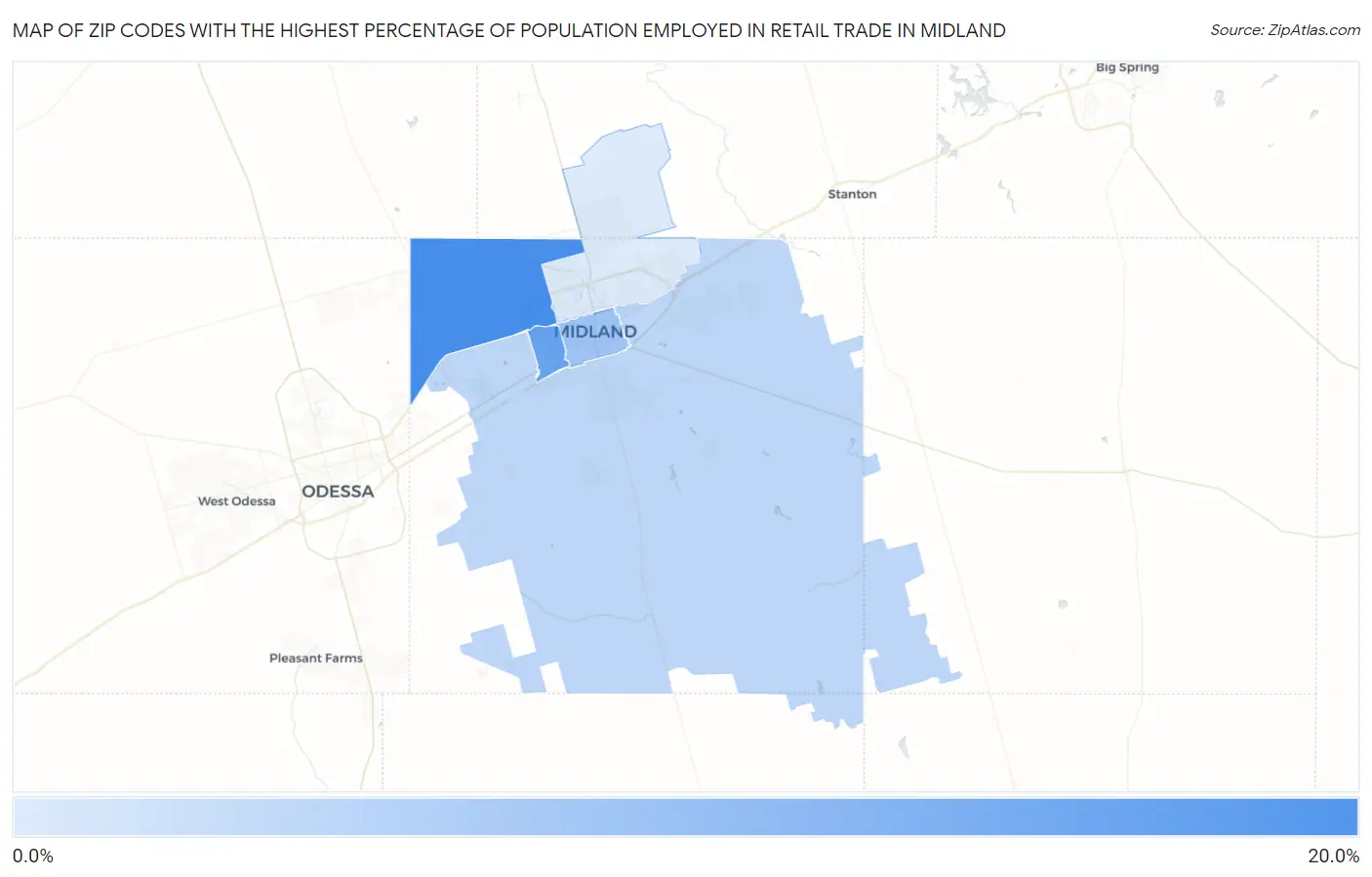 Zip Codes with the Highest Percentage of Population Employed in Retail Trade in Midland Map
