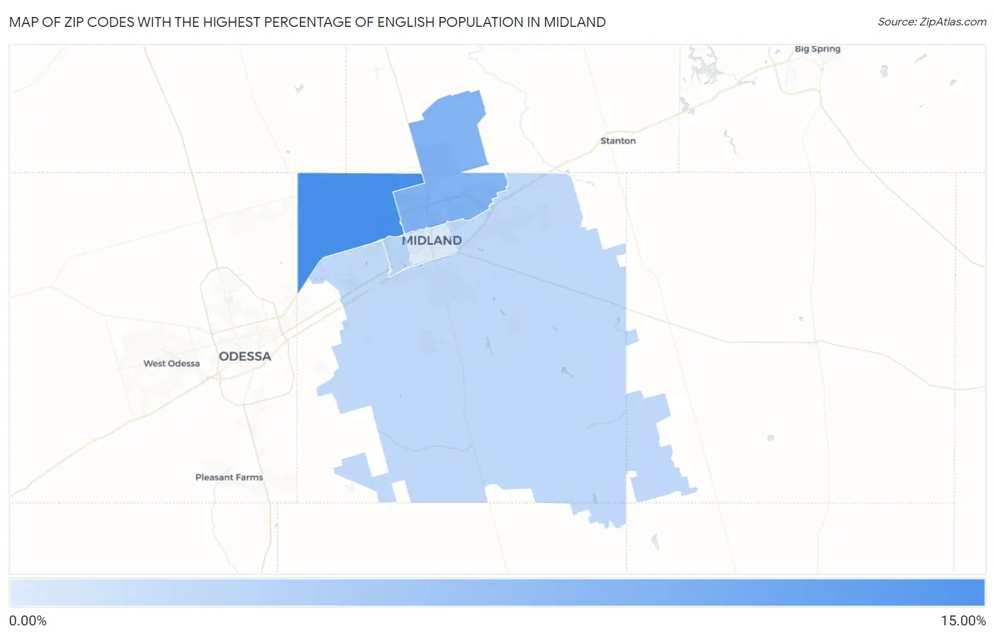 Zip Codes with the Highest Percentage of English Population in Midland Map