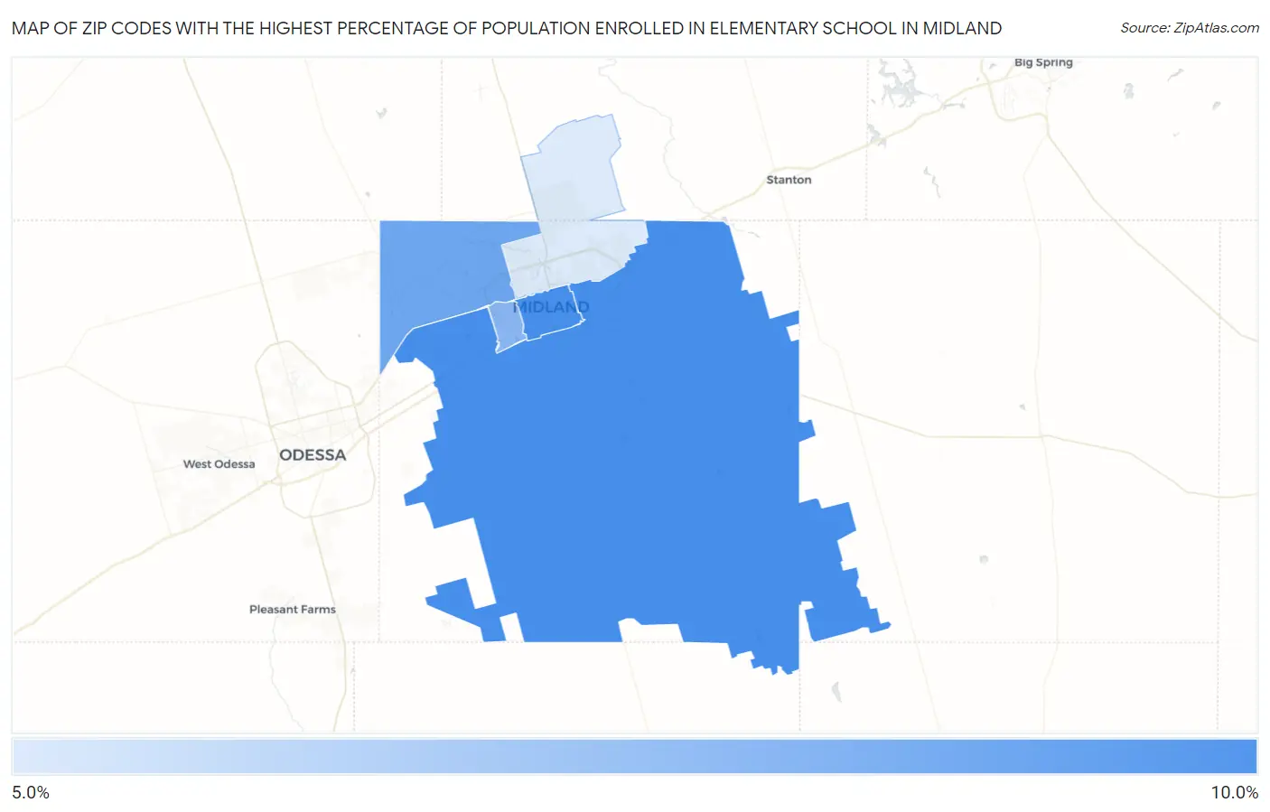 Zip Codes with the Highest Percentage of Population Enrolled in Elementary School in Midland Map