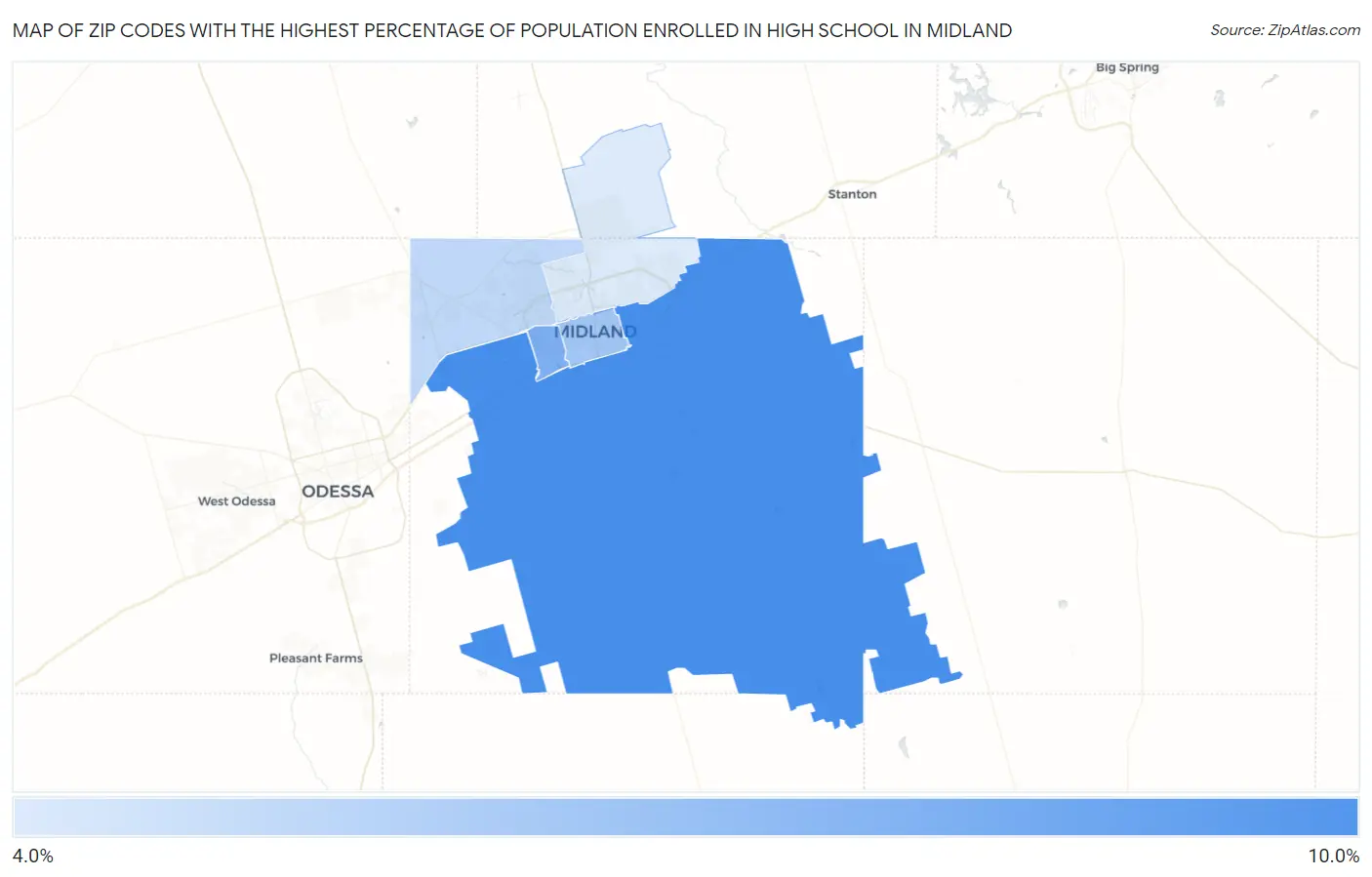 Zip Codes with the Highest Percentage of Population Enrolled in High School in Midland Map