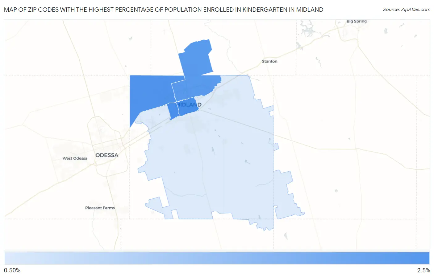 Zip Codes with the Highest Percentage of Population Enrolled in Kindergarten in Midland Map