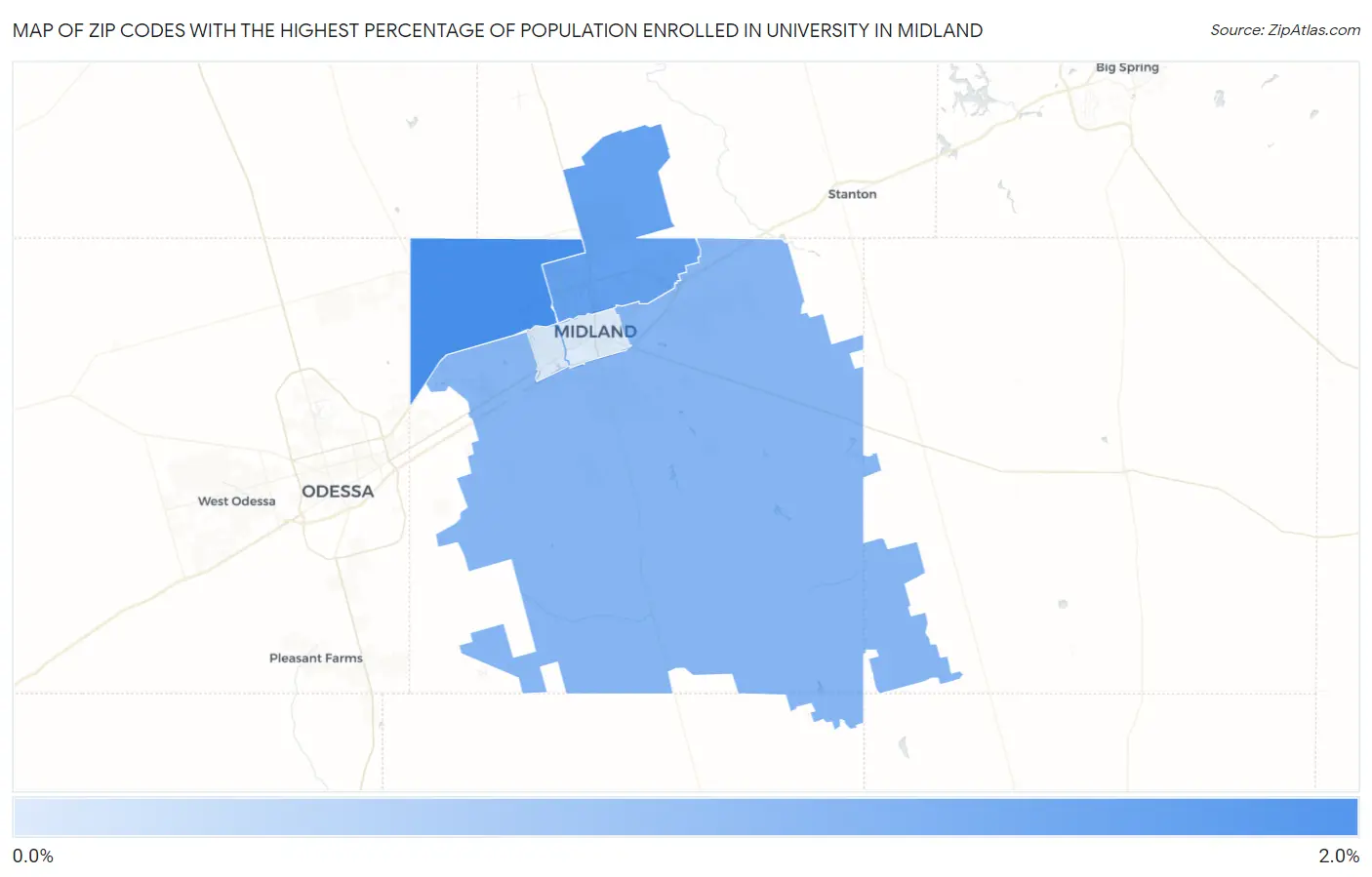 Zip Codes with the Highest Percentage of Population Enrolled in University in Midland Map