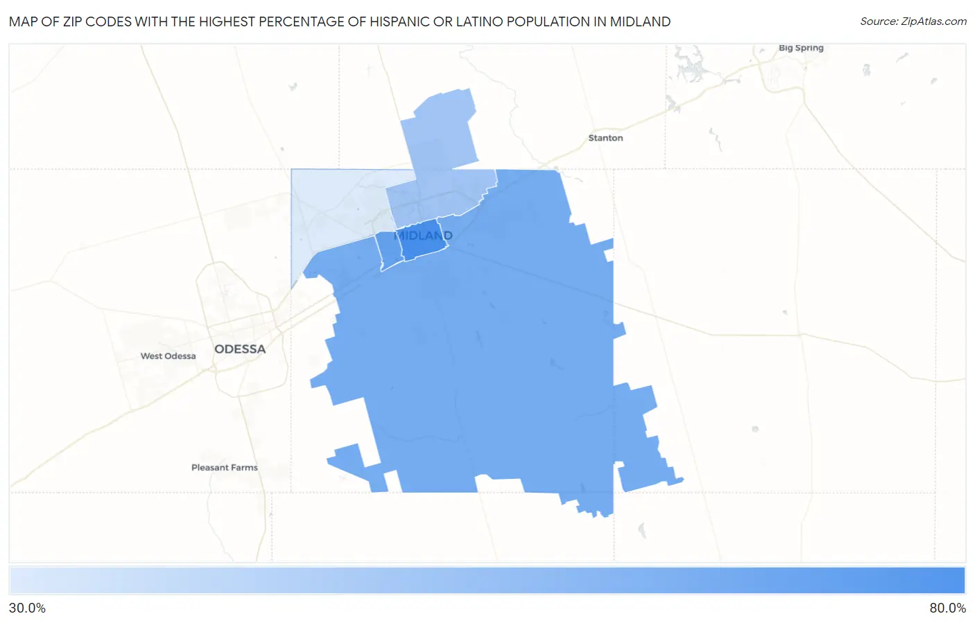 Zip Codes with the Highest Percentage of Hispanic or Latino Population in Midland Map
