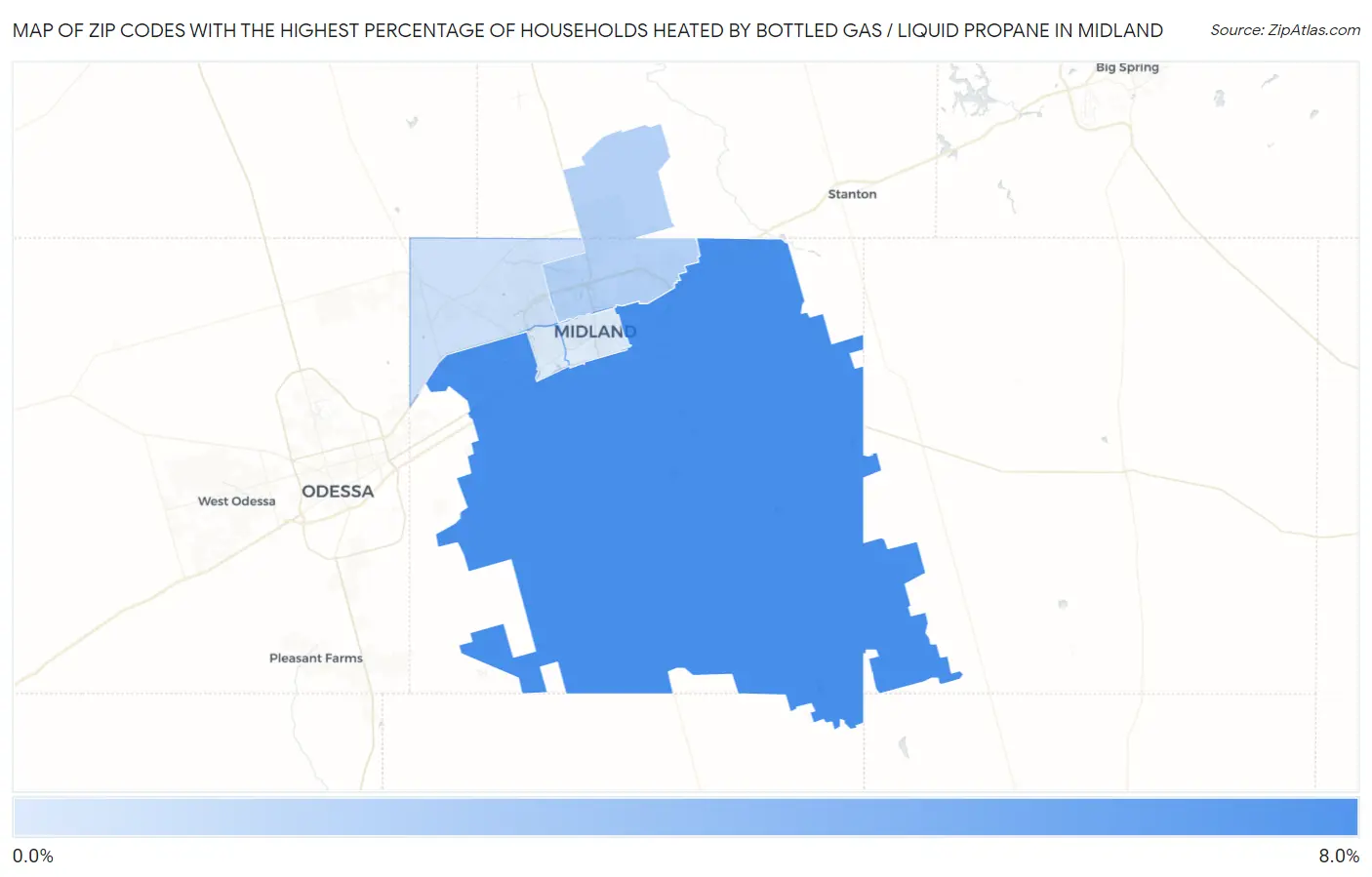 Zip Codes with the Highest Percentage of Households Heated by Bottled Gas / Liquid Propane in Midland Map
