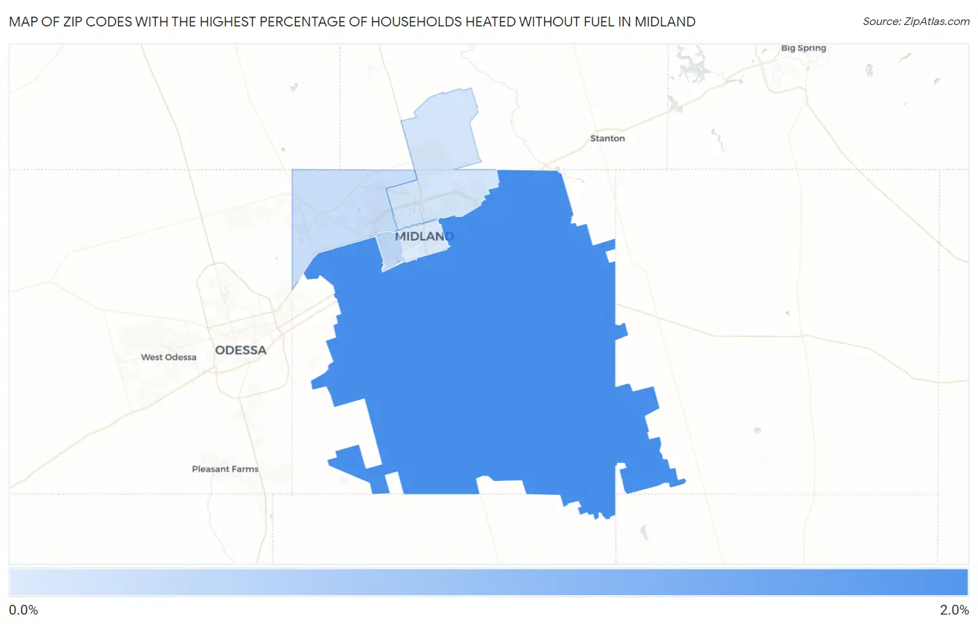 Zip Codes with the Highest Percentage of Households Heated without Fuel in Midland Map
