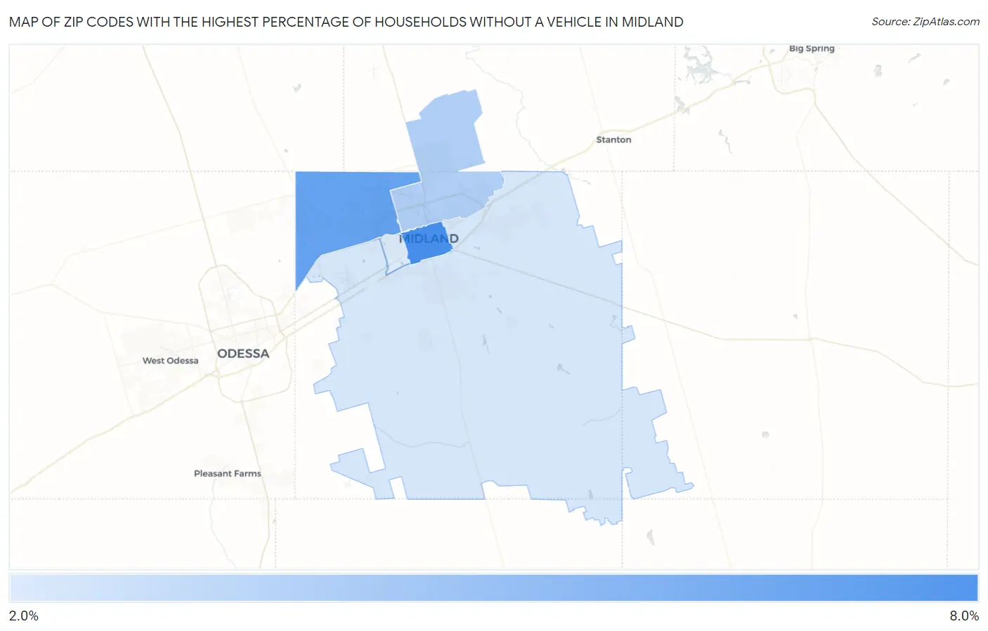 Zip Codes with the Highest Percentage of Households Without a Vehicle in Midland Map