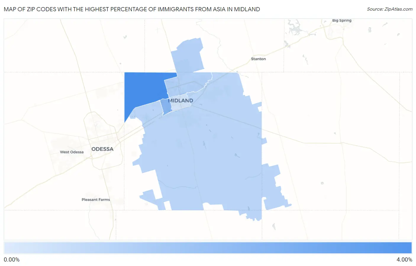 Zip Codes with the Highest Percentage of Immigrants from Asia in Midland Map
