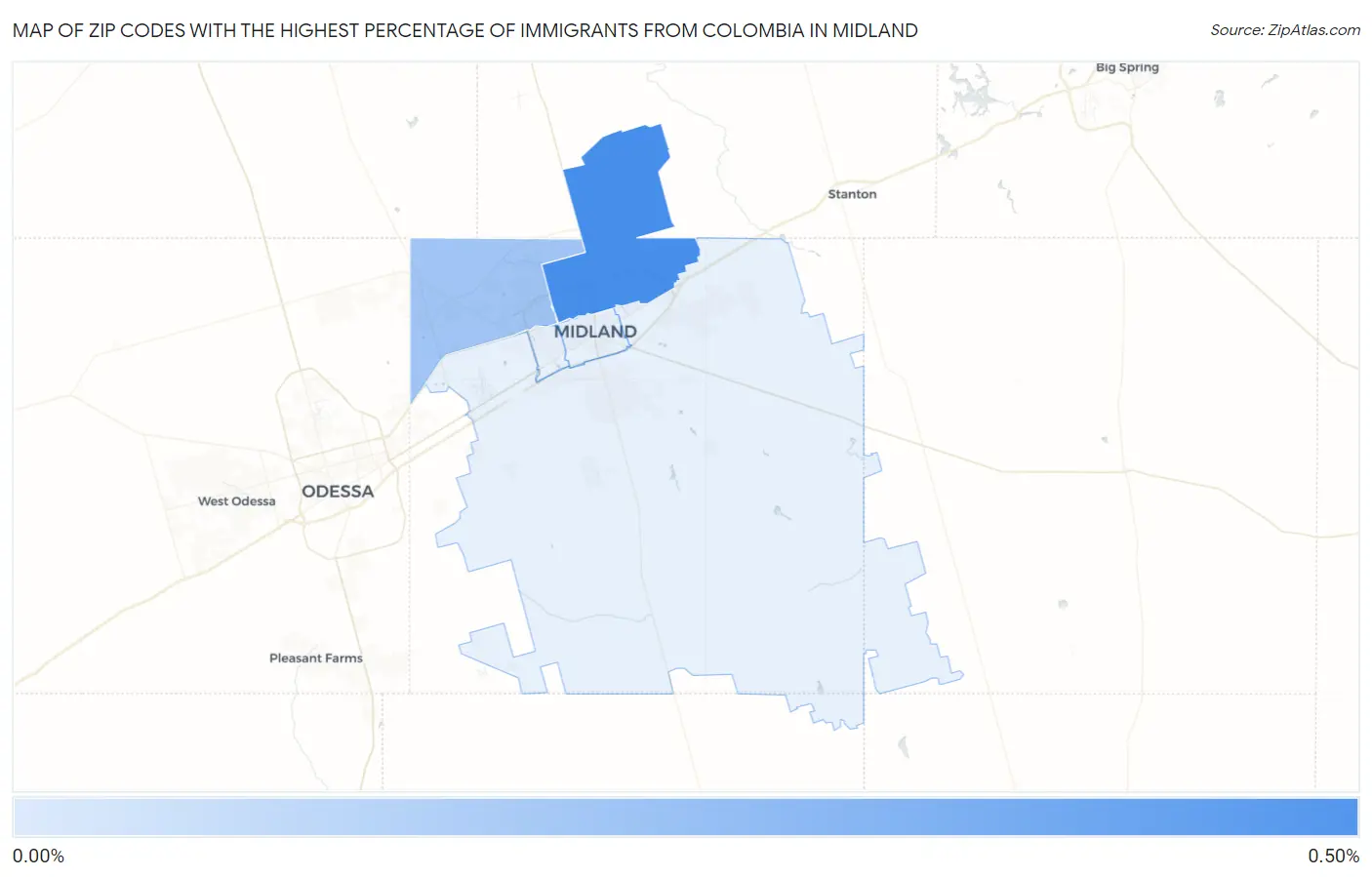 Zip Codes with the Highest Percentage of Immigrants from Colombia in Midland Map