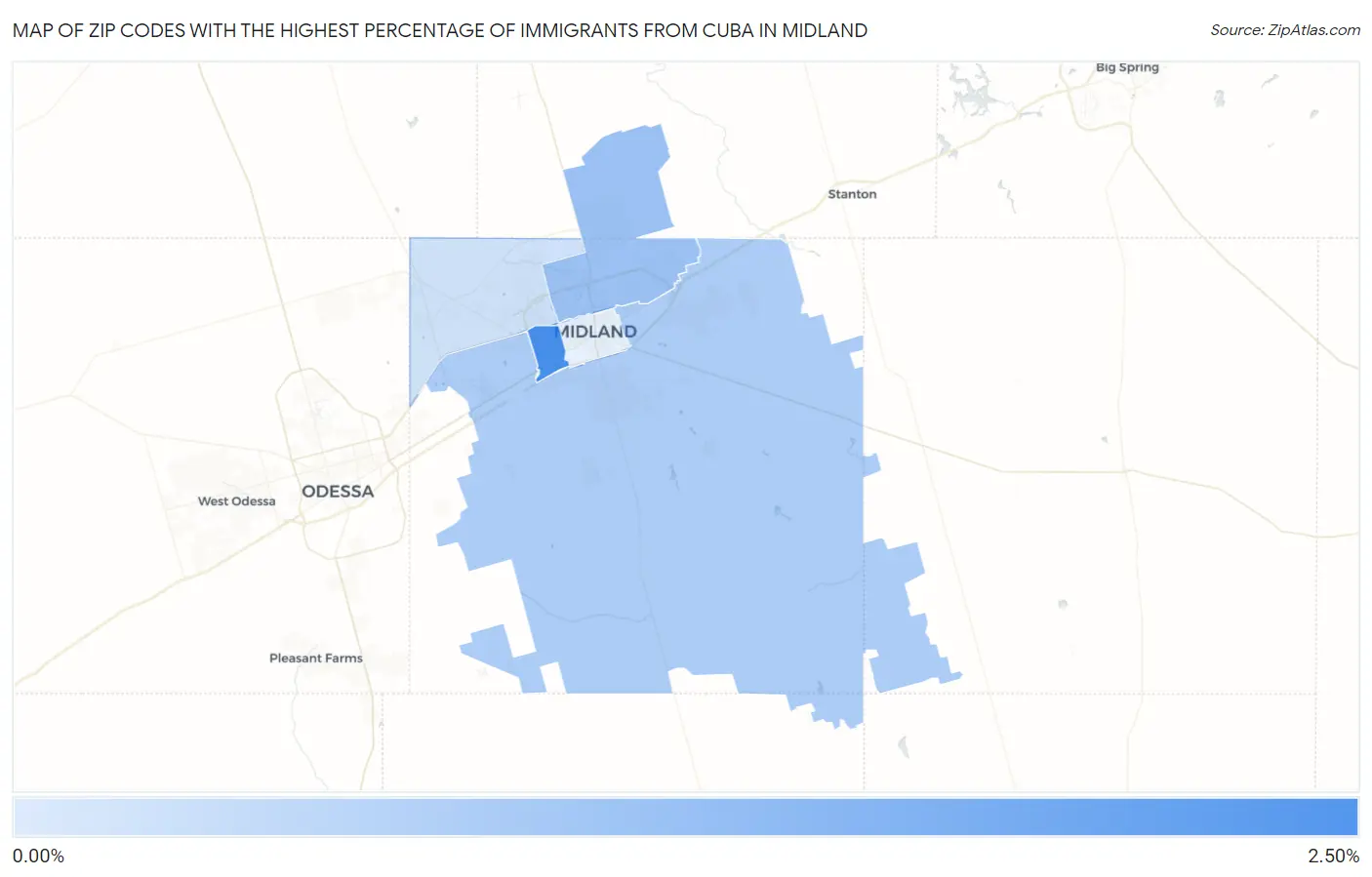 Zip Codes with the Highest Percentage of Immigrants from Cuba in Midland Map