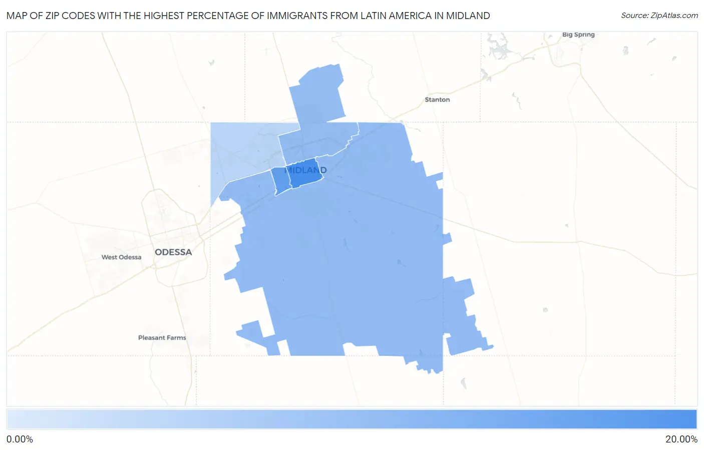 Zip Codes with the Highest Percentage of Immigrants from Latin America in Midland Map