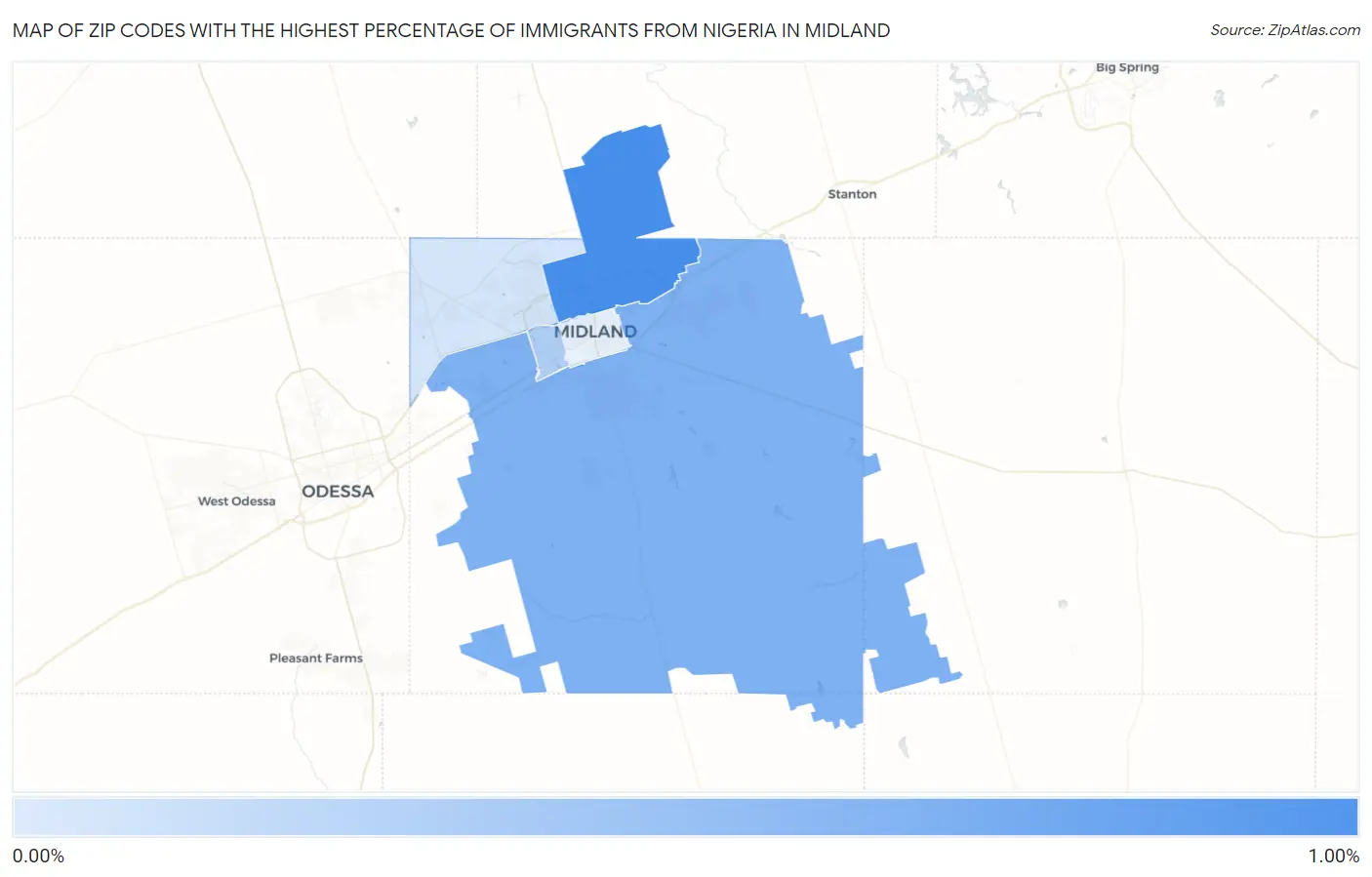 Zip Codes with the Highest Percentage of Immigrants from Nigeria in Midland Map