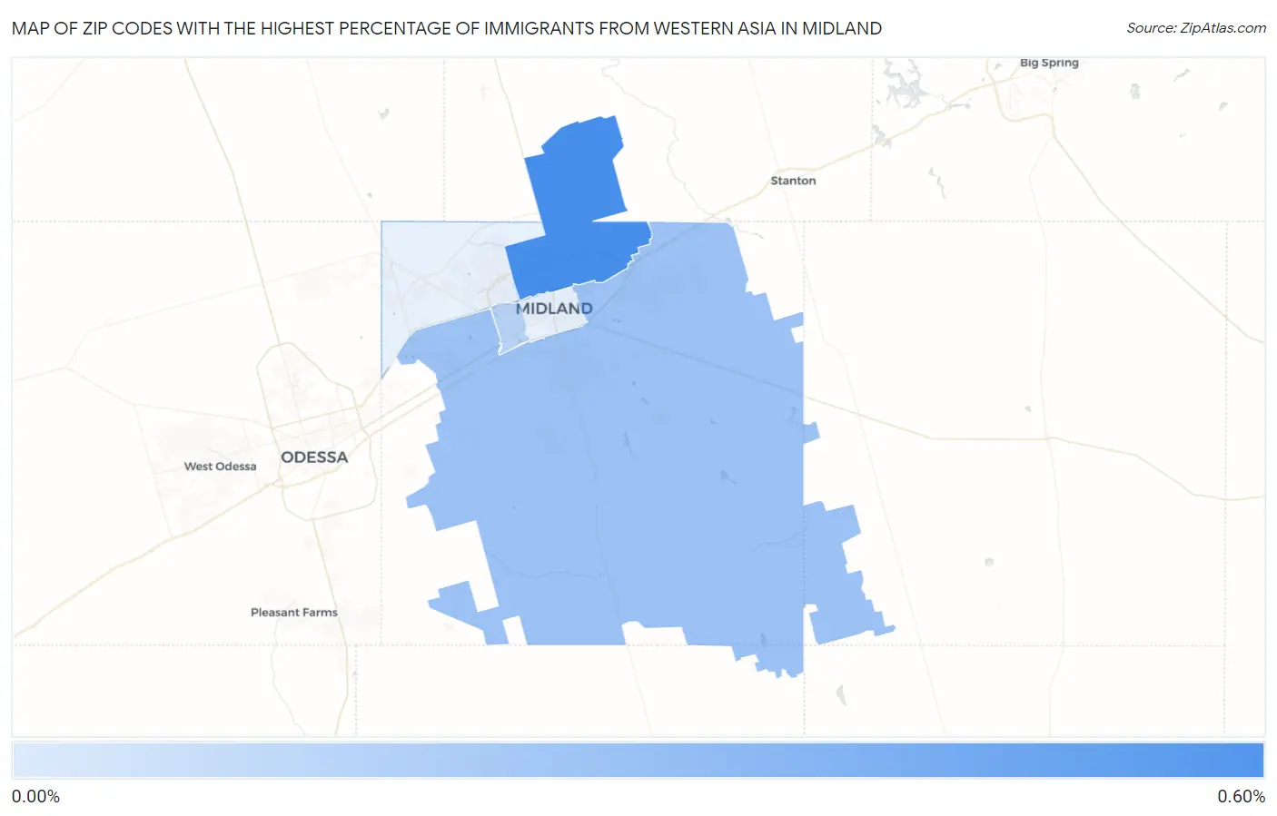 Zip Codes with the Highest Percentage of Immigrants from Western Asia in Midland Map