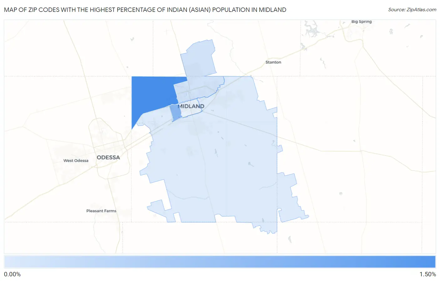 Zip Codes with the Highest Percentage of Indian (Asian) Population in Midland Map