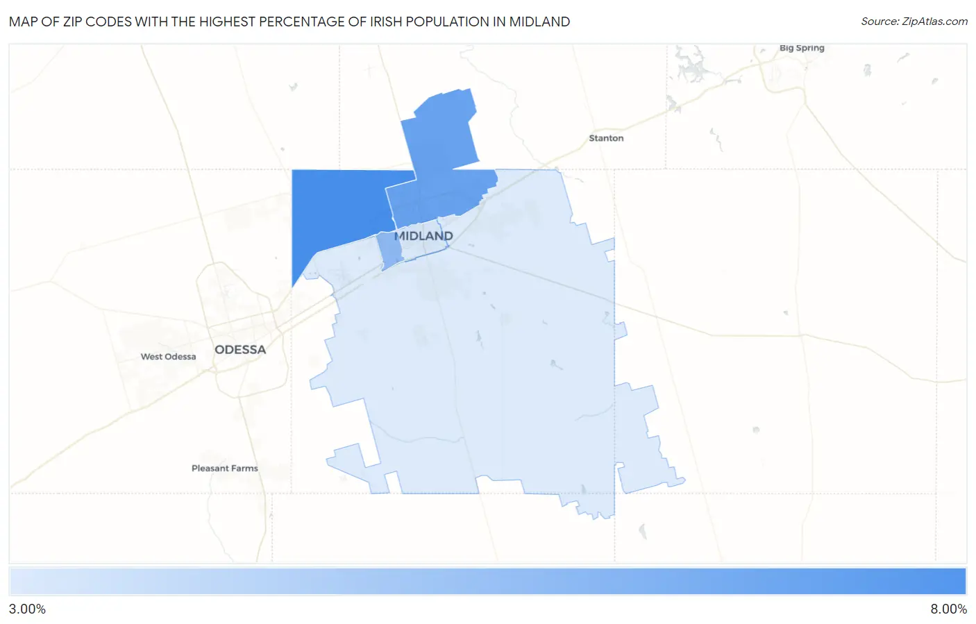 Zip Codes with the Highest Percentage of Irish Population in Midland Map