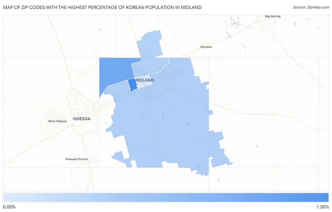 Zip Codes with the Highest Percentage of Korean Population in Midland Map