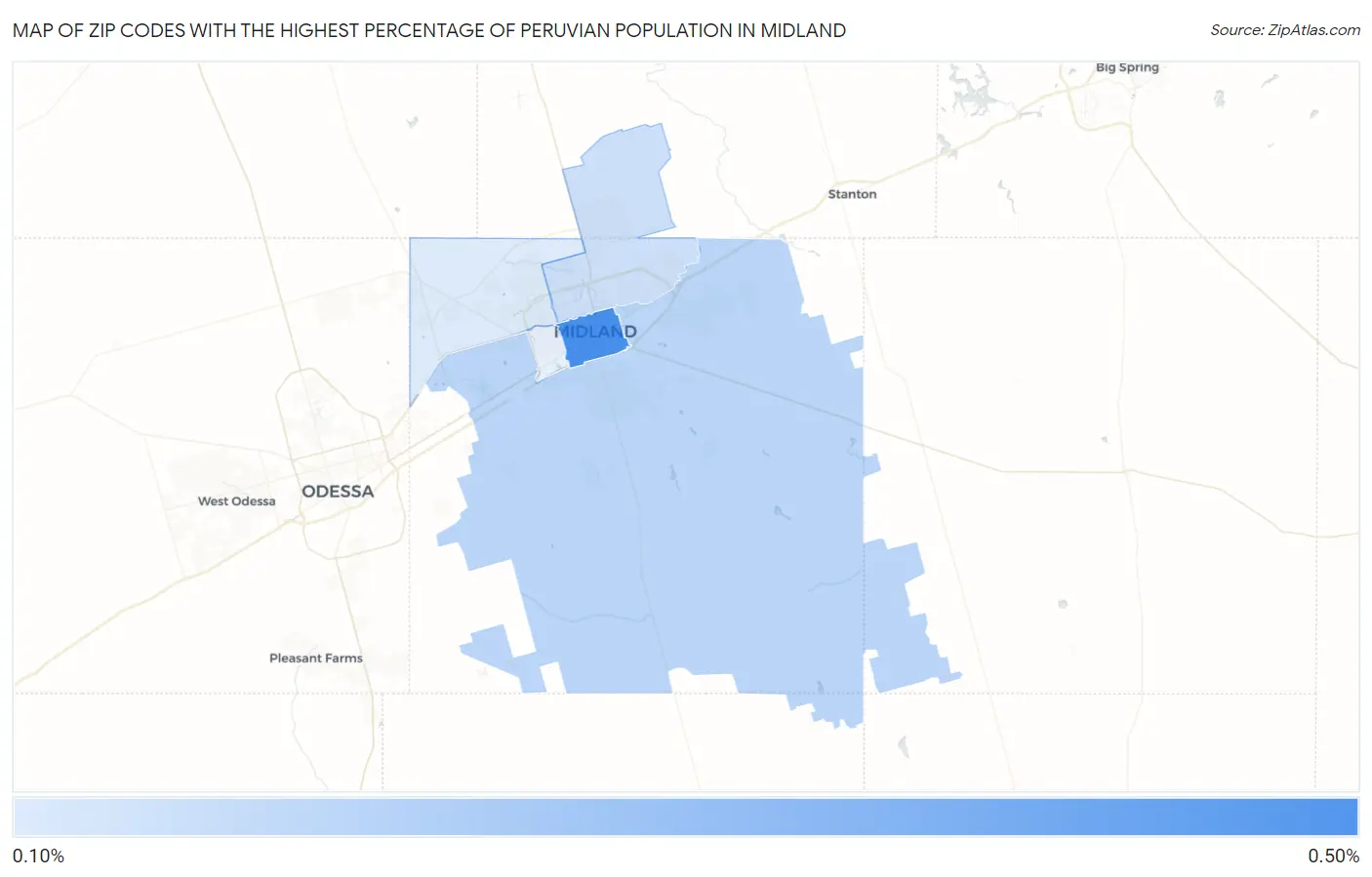 Zip Codes with the Highest Percentage of Peruvian Population in Midland Map