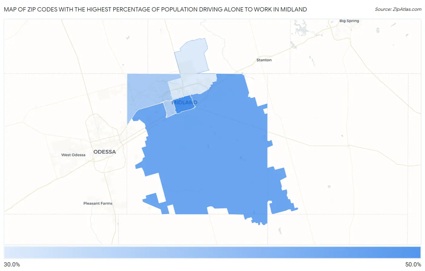 Zip Codes with the Highest Percentage of Population Driving Alone to Work in Midland Map