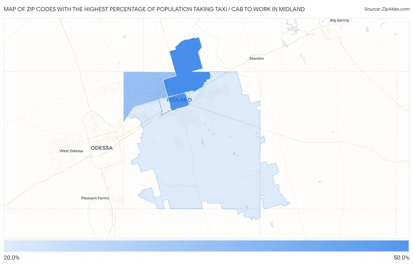 Zip Codes with the Highest Percentage of Population Taking Taxi / Cab to Work in Midland Map