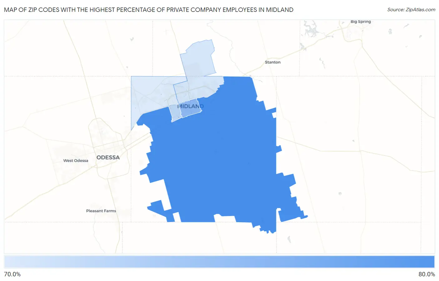 Zip Codes with the Highest Percentage of Private Company Employees in Midland Map