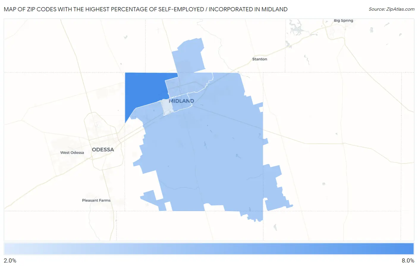 Zip Codes with the Highest Percentage of Self-Employed / Incorporated in Midland Map