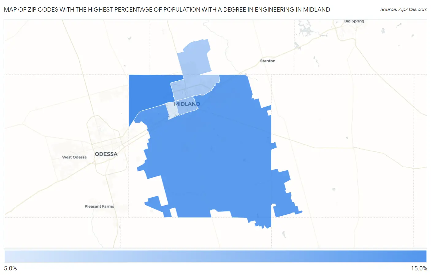 Zip Codes with the Highest Percentage of Population with a Degree in Engineering in Midland Map