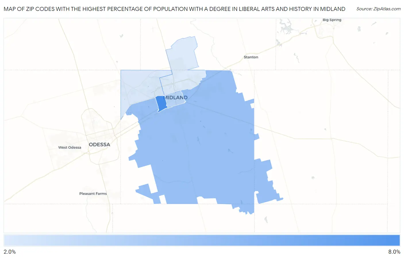 Zip Codes with the Highest Percentage of Population with a Degree in Liberal Arts and History in Midland Map