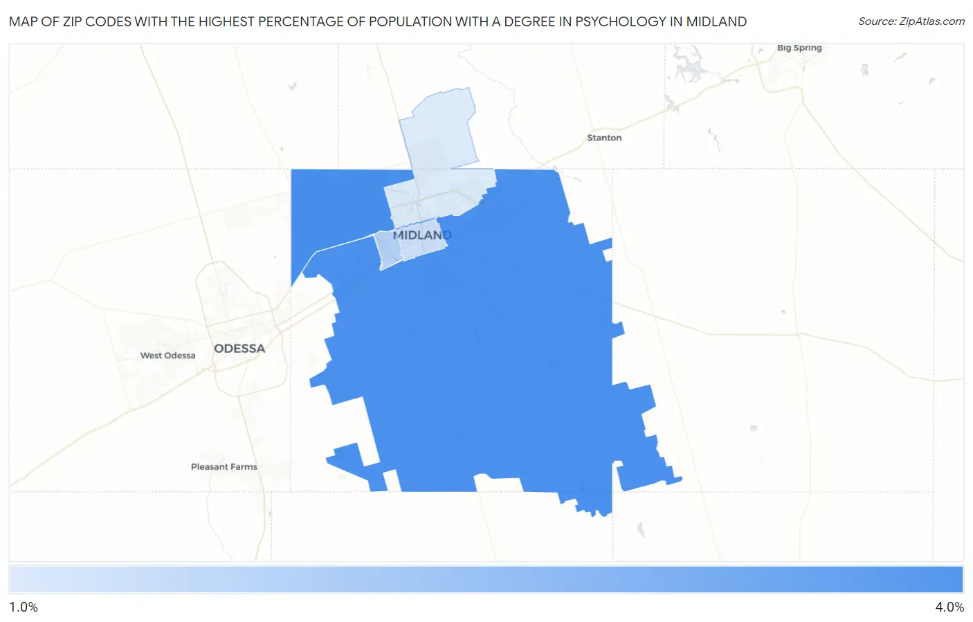 Zip Codes with the Highest Percentage of Population with a Degree in Psychology in Midland Map
