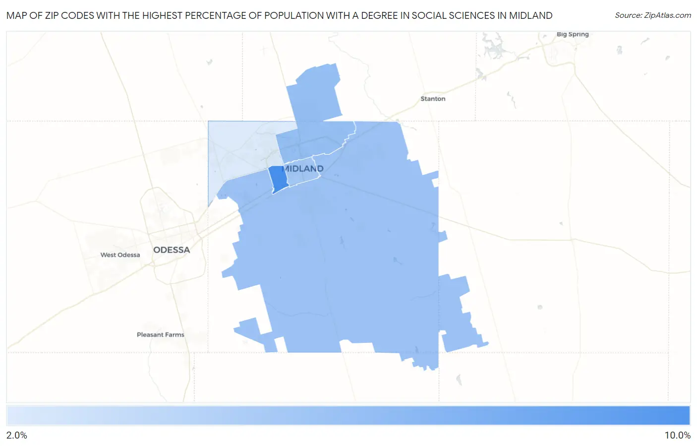 Zip Codes with the Highest Percentage of Population with a Degree in Social Sciences in Midland Map