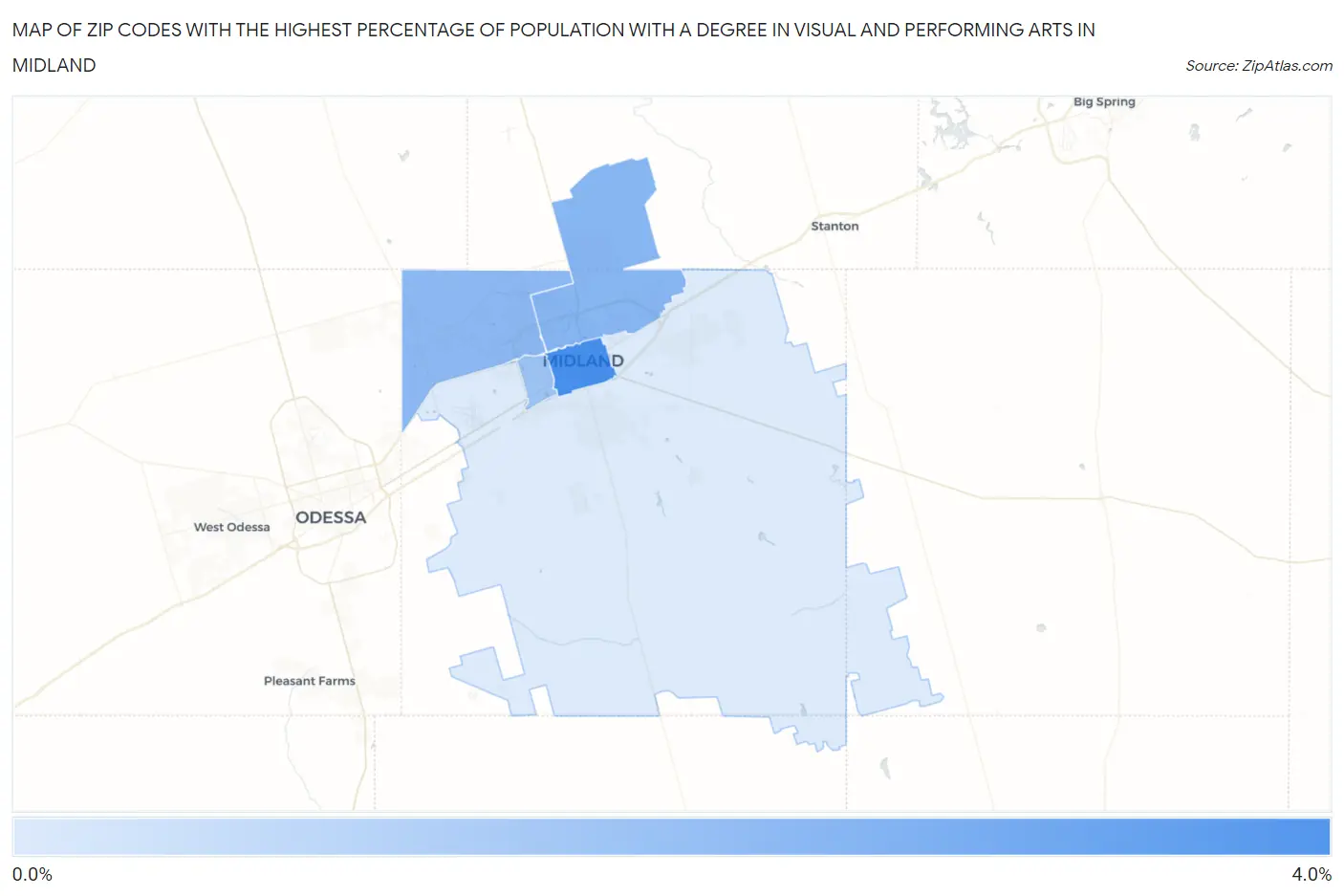 Zip Codes with the Highest Percentage of Population with a Degree in Visual and Performing Arts in Midland Map