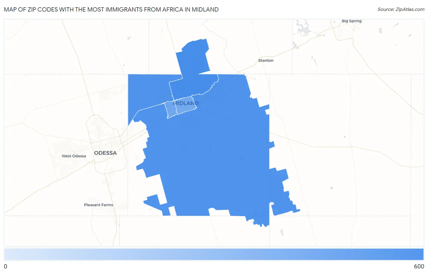 Zip Codes with the Most Immigrants from Africa in Midland Map
