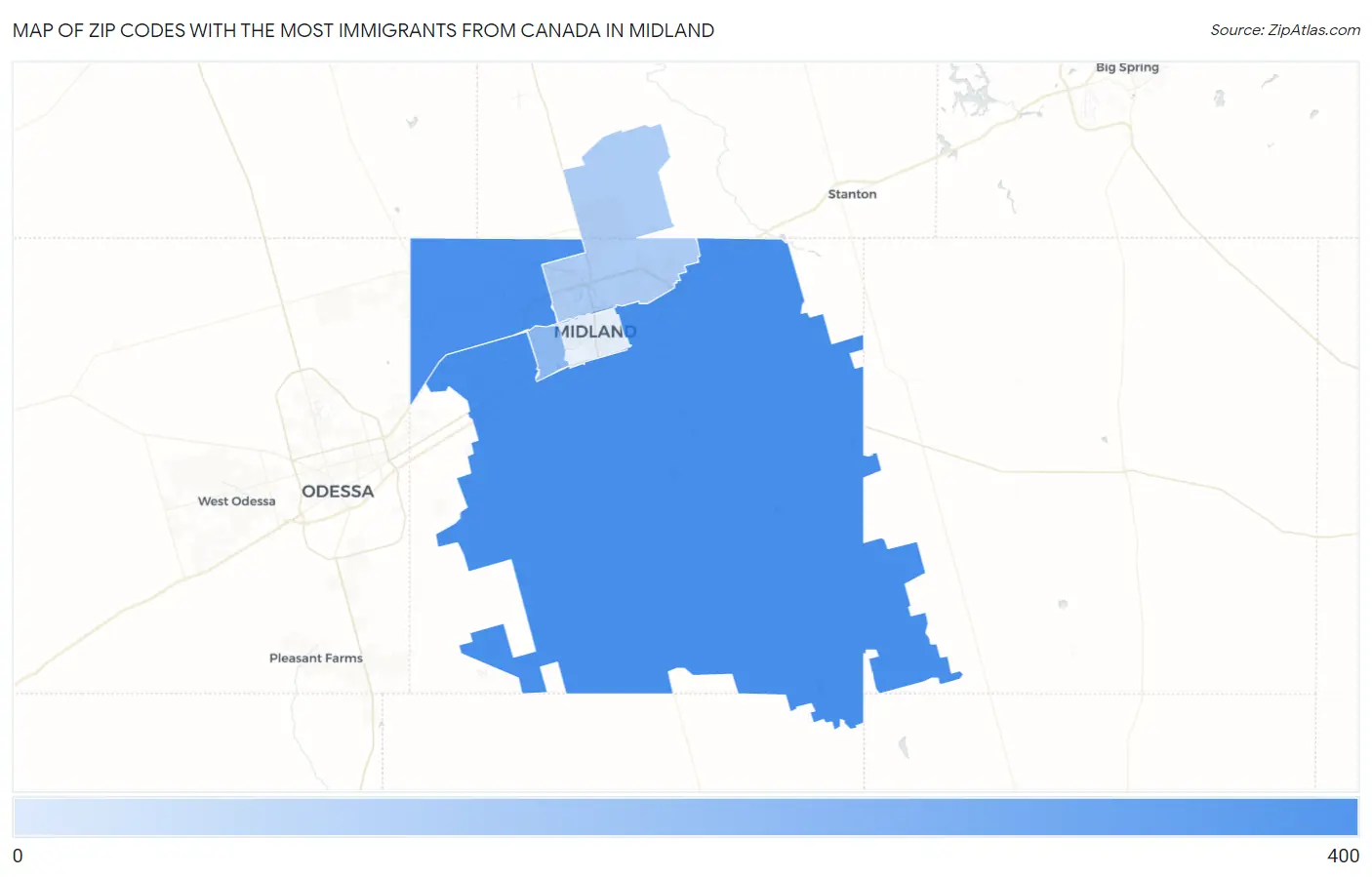 Zip Codes with the Most Immigrants from Canada in Midland Map