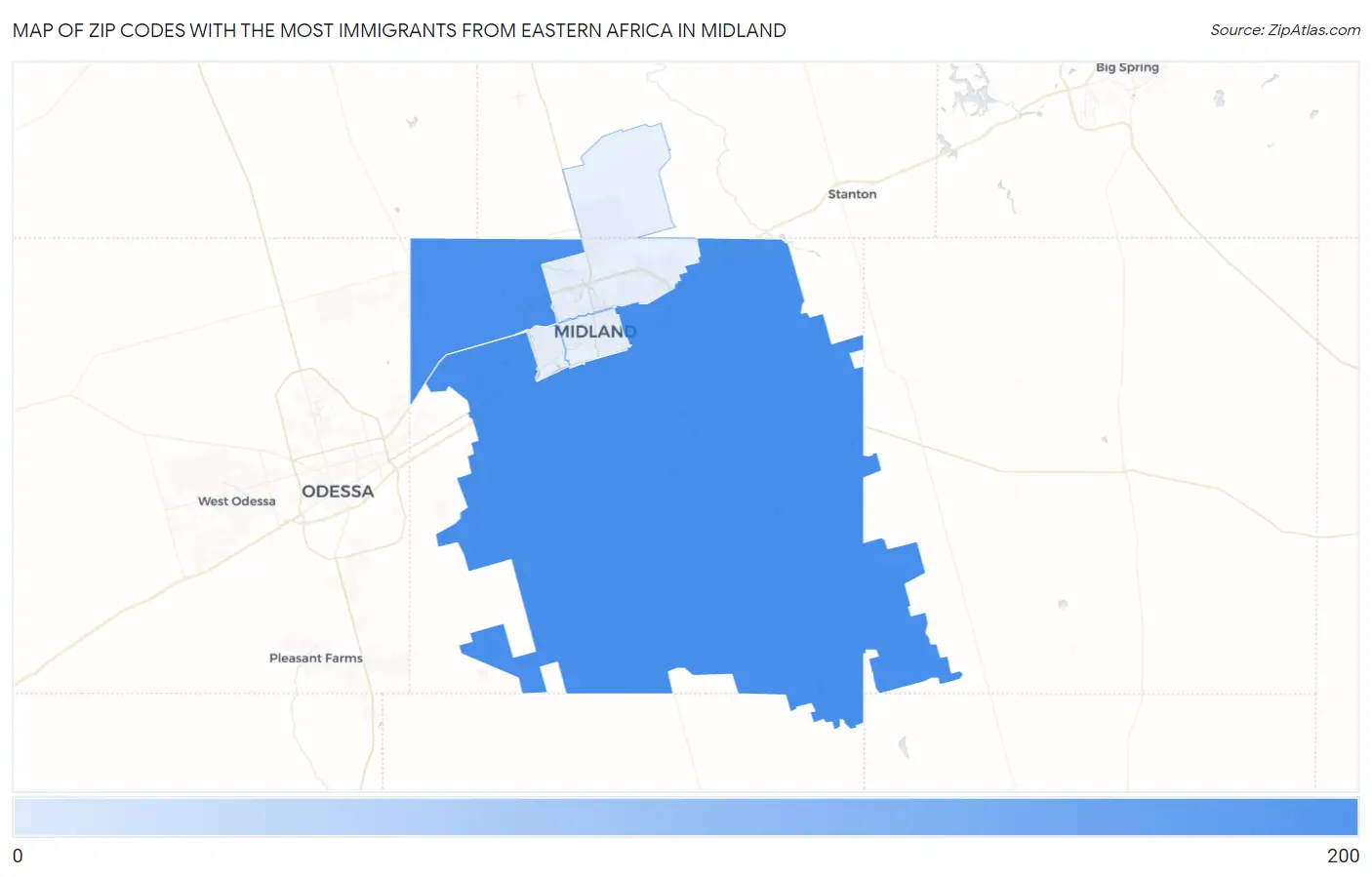 Zip Codes with the Most Immigrants from Eastern Africa in Midland Map